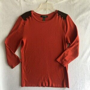 Lauren Ralph Lauren Ribbed Orange Shirt, Leather-ish/Suede Patches Laces Size L